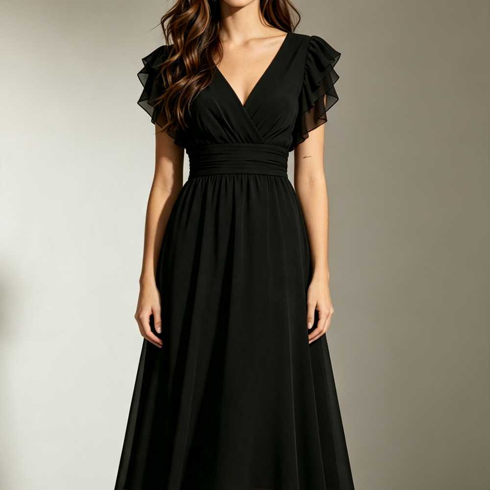 virmuze exhibit Black Chiffon Formal Dress for Floriade: Timeless Contrast in Canberra Tulip Fields logo main