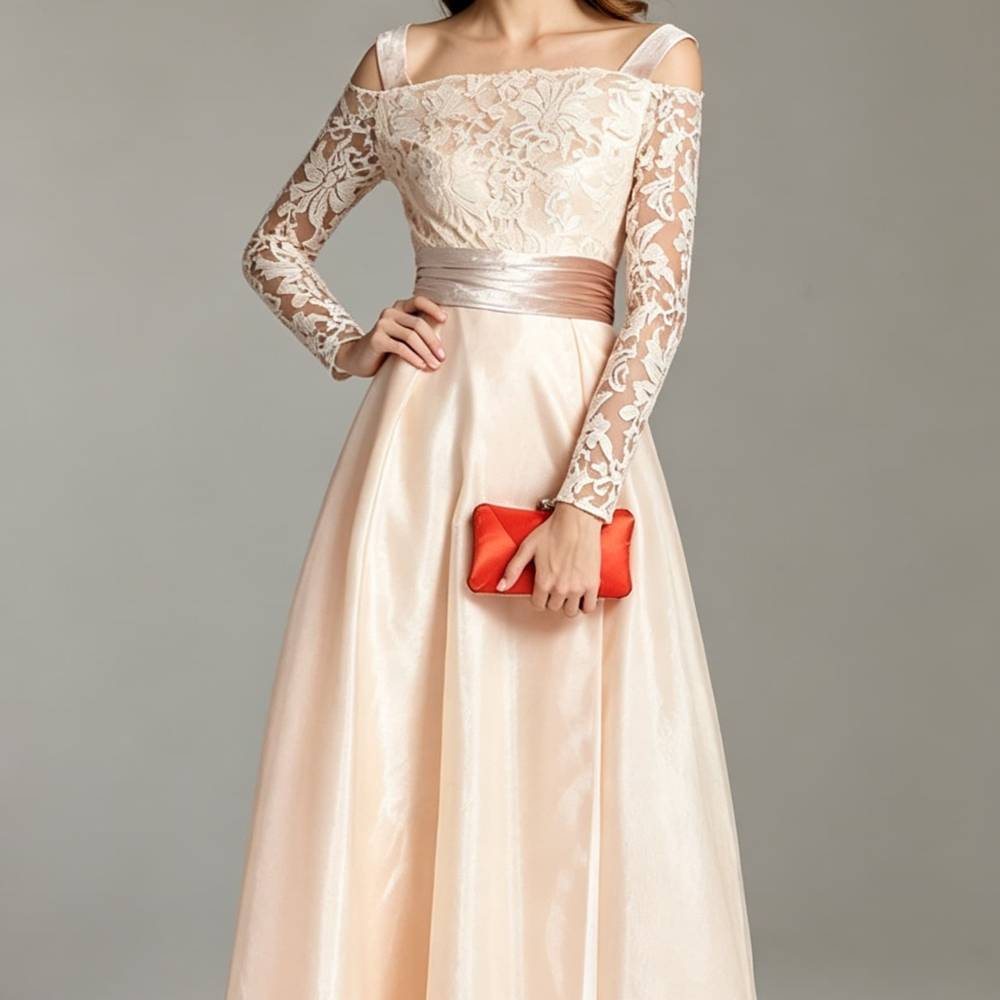 virmuze exhibit Champagne Off-Shoulder Lace Gown LFNC0010 | Black Tie Evening logo main